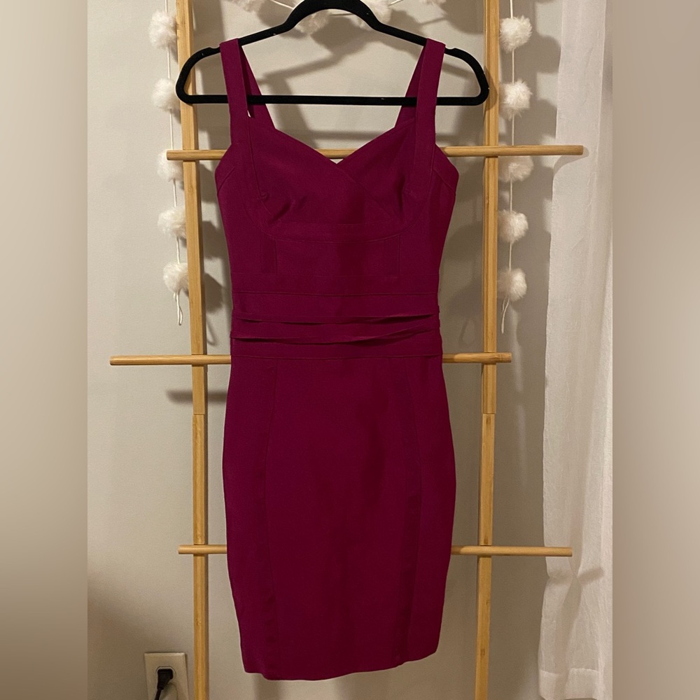 WOW couture Fuchsia / magenta Midi Sheath Dress. Bodycon stretchy bandage Small